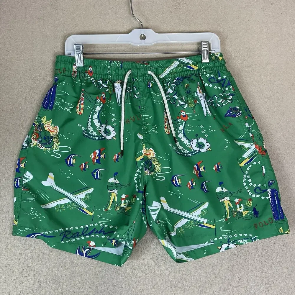 Polo‎ Ralph Lauren Short Mens L Green Hawaiian Traveler Lined Swim Trunk 5.5